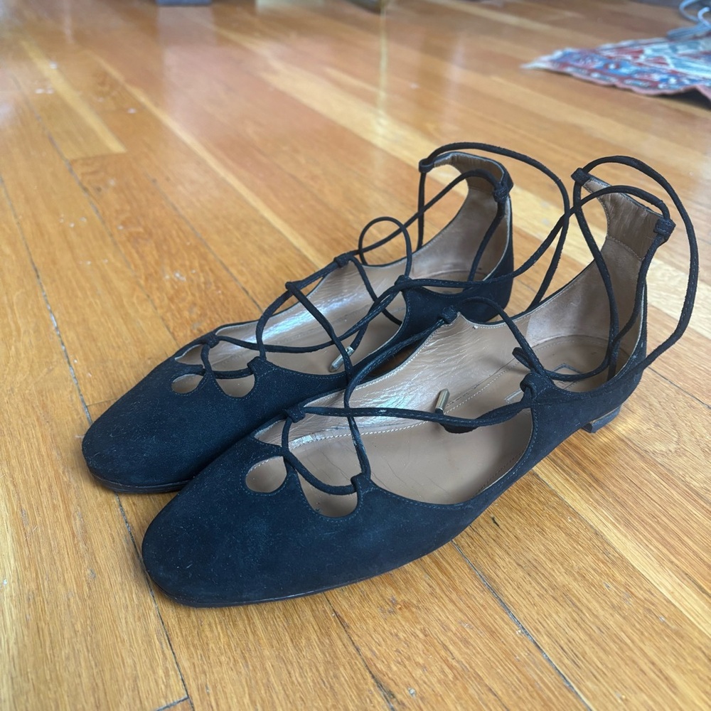 Aquazzura Dancer Lace-up Ballet Flats Black Suede sz 37.5